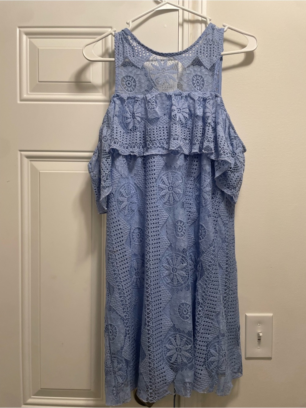 miami - Womens Light Blue Lace Ruffle Cold-Shoulder Dress